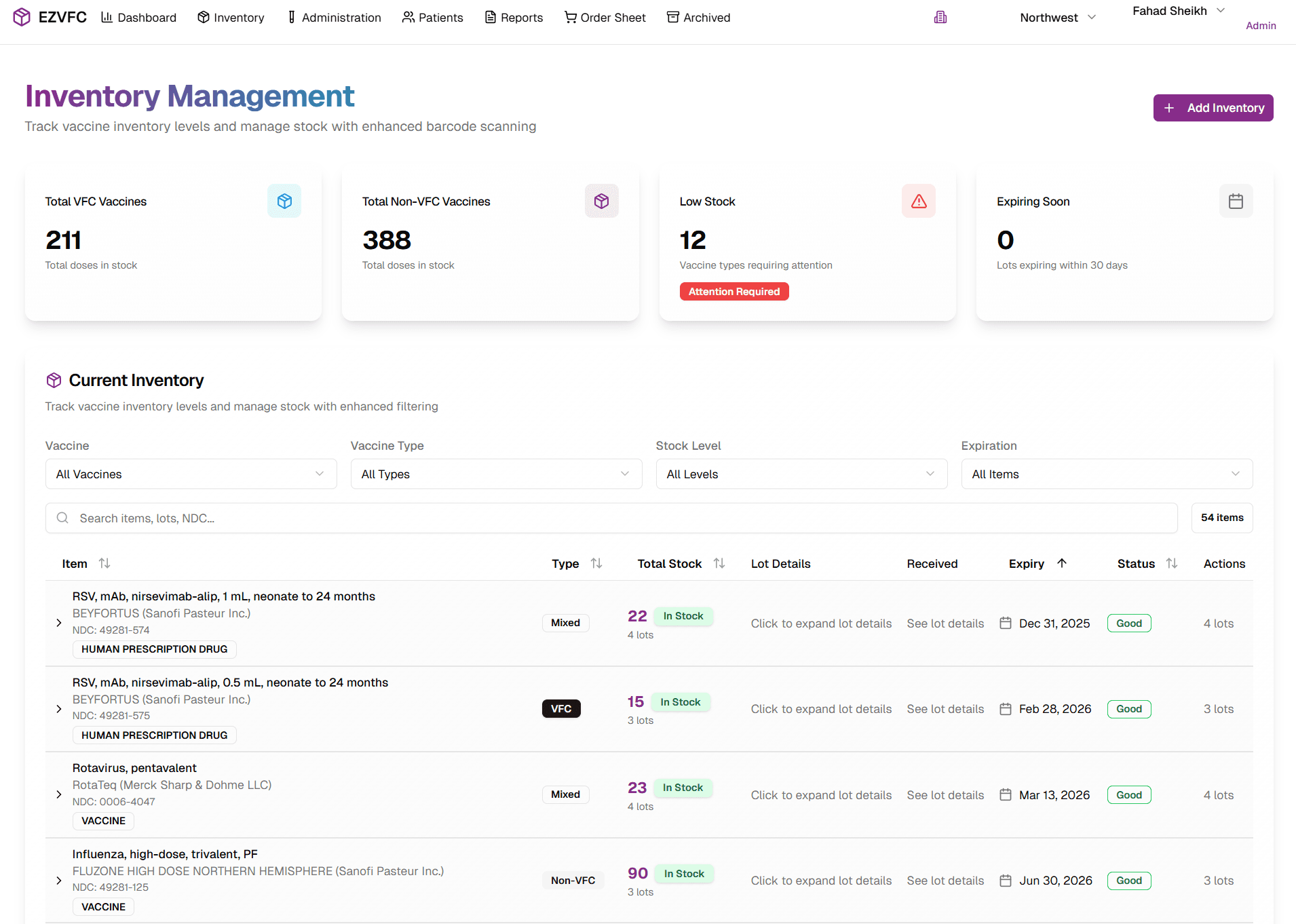 EZVFC Dashboard - VFC Inventory Management Interface showing live counts, vaccine tracking, and automated reconciliation features