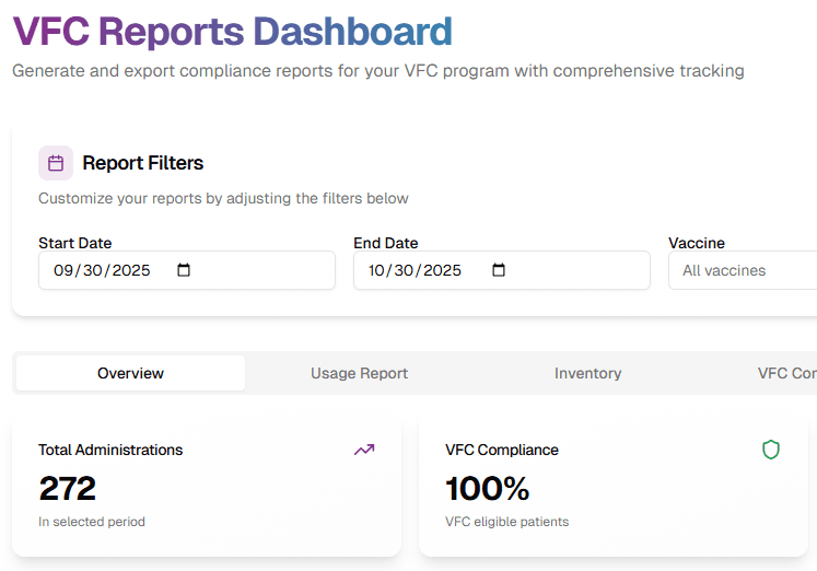 VFC Reports Dashboard - Generate and export compliance reports with comprehensive tracking
